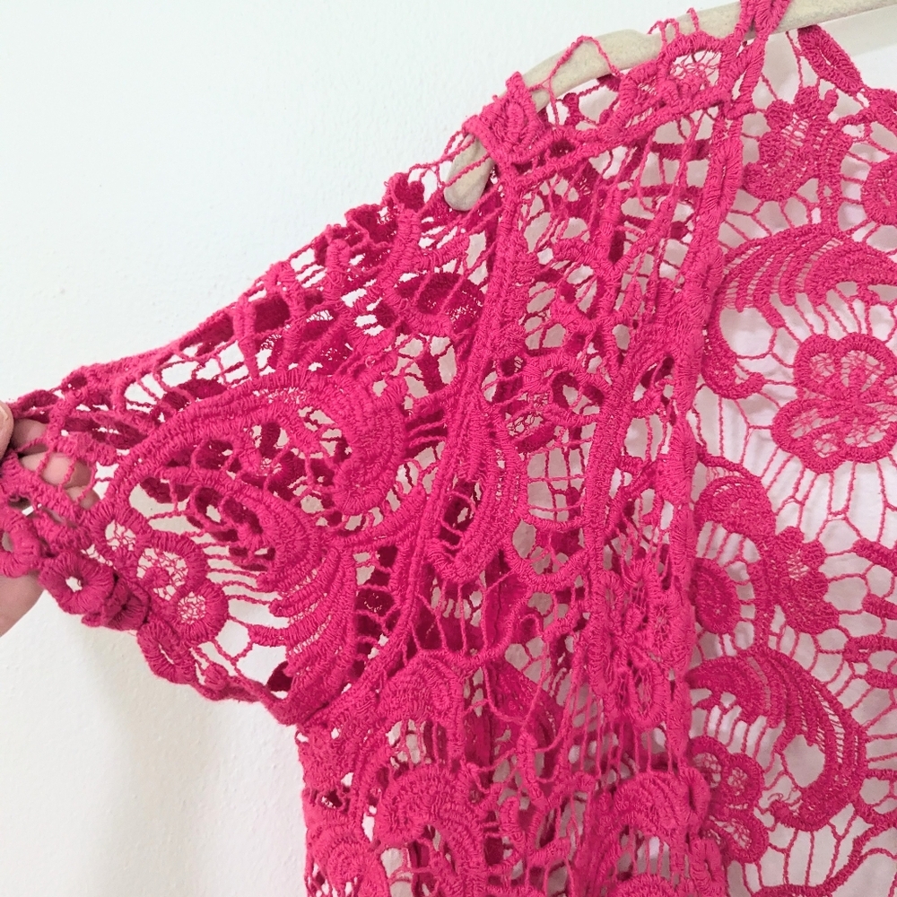 Vintage Y2K Open Crochet Short Sleeve Top Open Front Scalloped Knit Pink XL - Picture 4 of 7